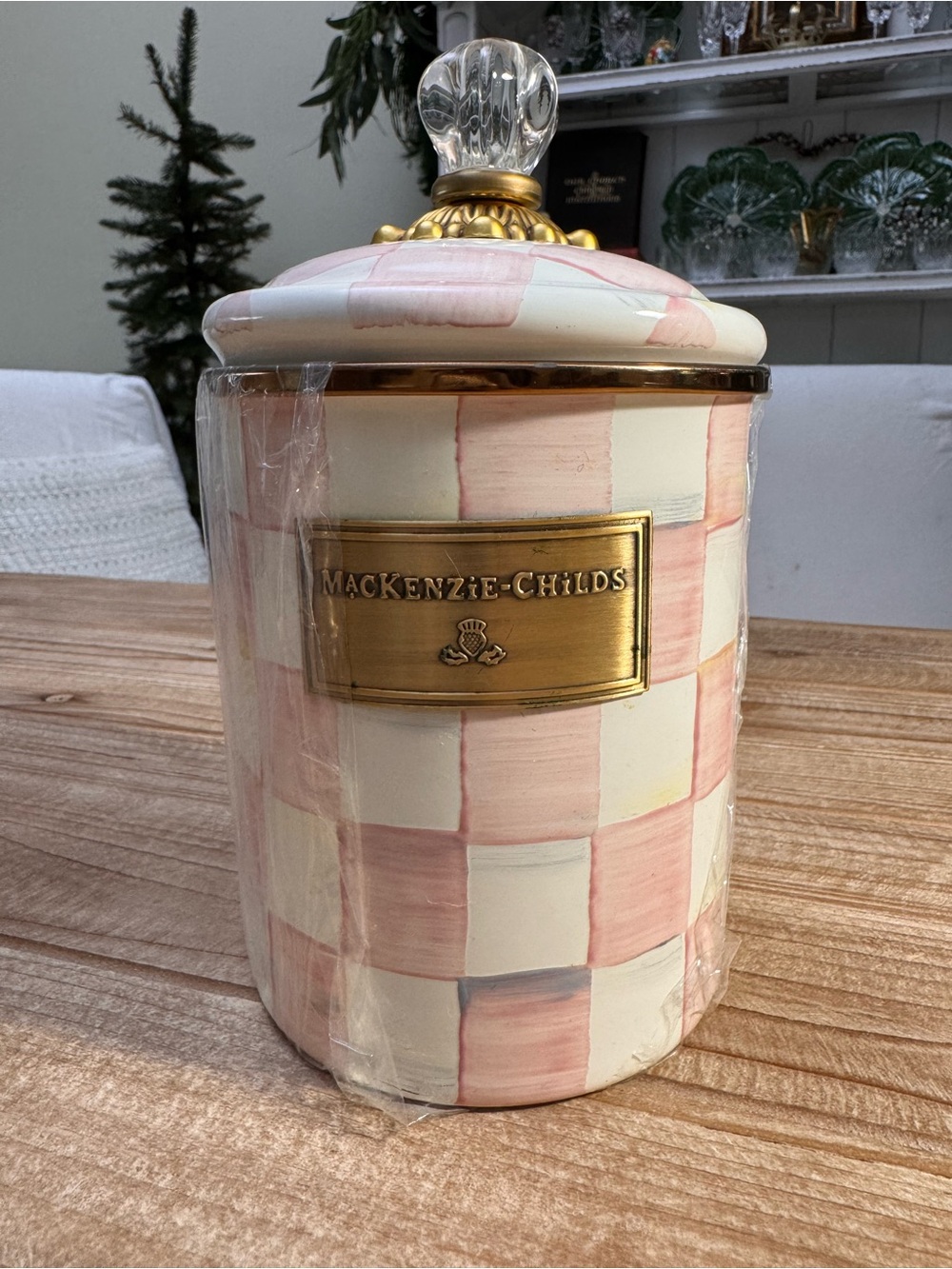 NEW MacKenzie-Childs Pink Checkered Canister with Brass Plaque and Crystal Knob